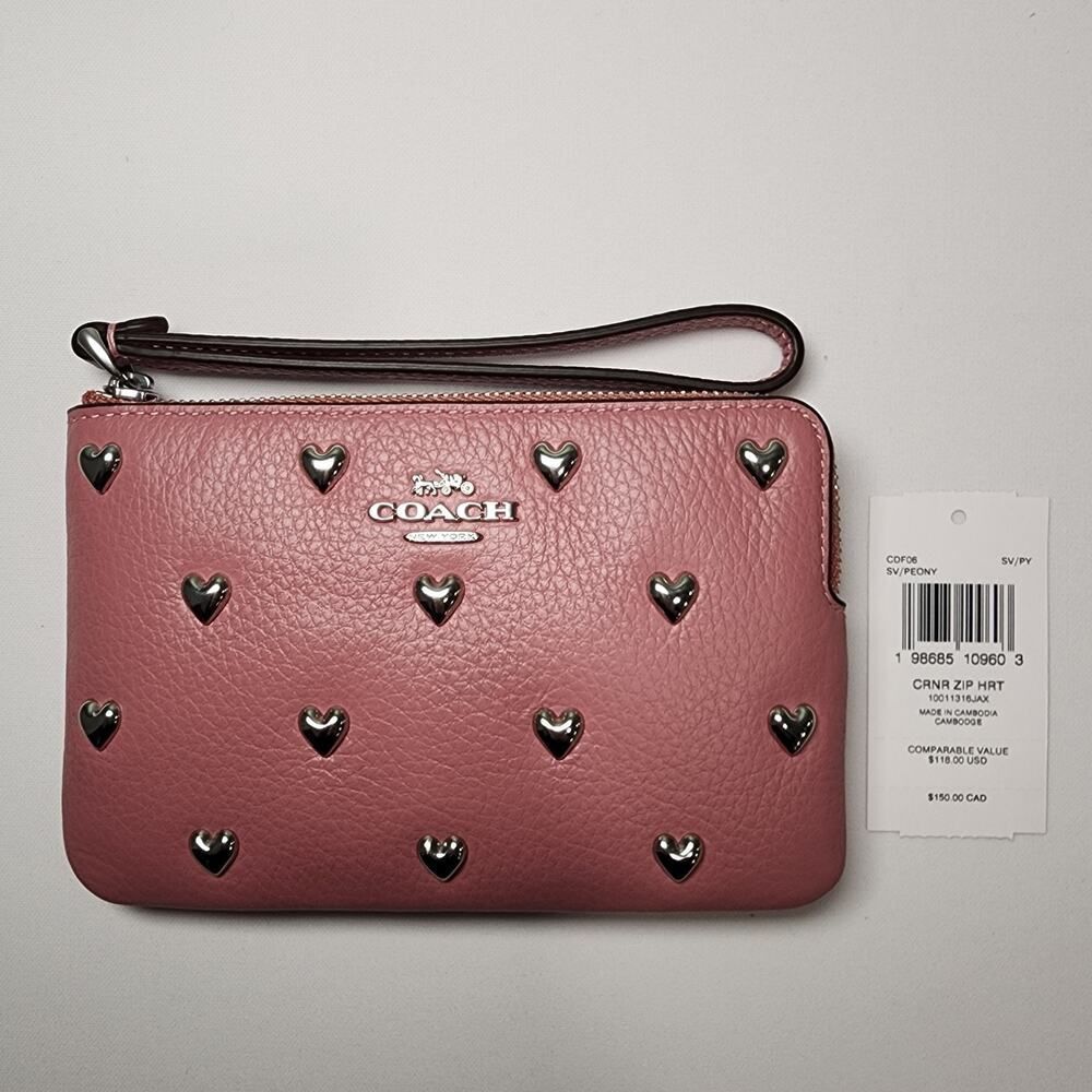 NWT COACH CDF06 Corner Zip Wristlet Heart Rivets Leather Silver/Peony Pink